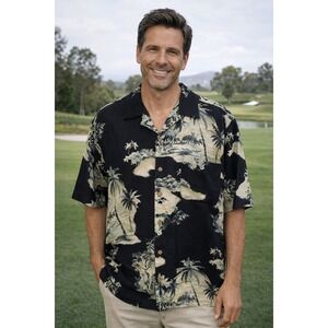 Tommy Bahama 100% Silk Hawaiian Aloha Camp Shirt Watercolor Palms Canoe / Size M